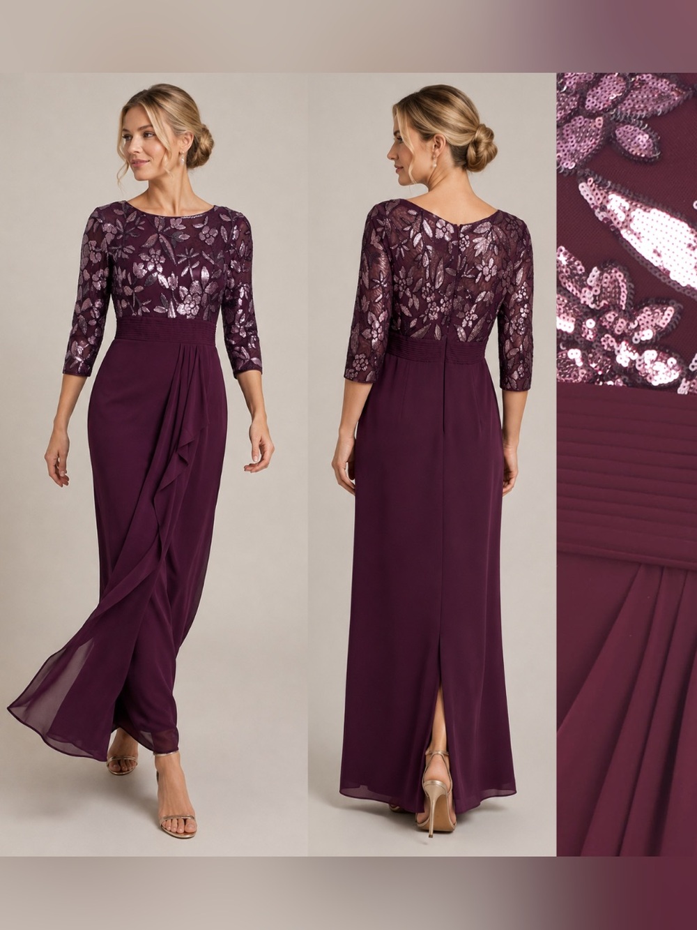 JS Collections Burgundy Lace Sequin Maxi Dress Gown Draped Pleated Wedding Sz 12